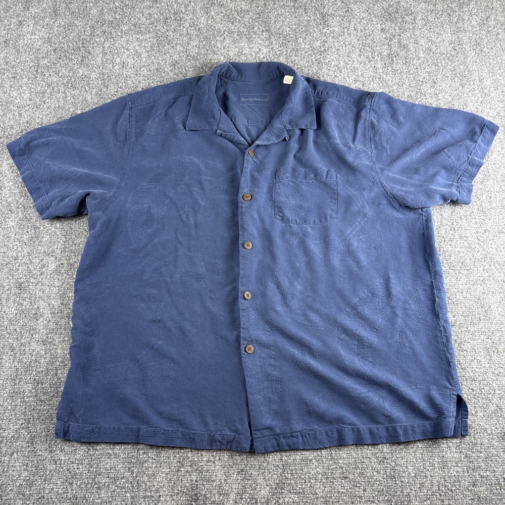 Tommy Bahama Maui Border 100% Silk Camp Shirt Men's XL Blue Jacquard Button Up